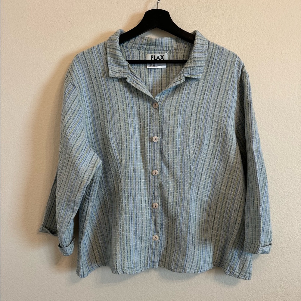Flax Button-Down Linen Shirt in Light Blue and Cream Stripe